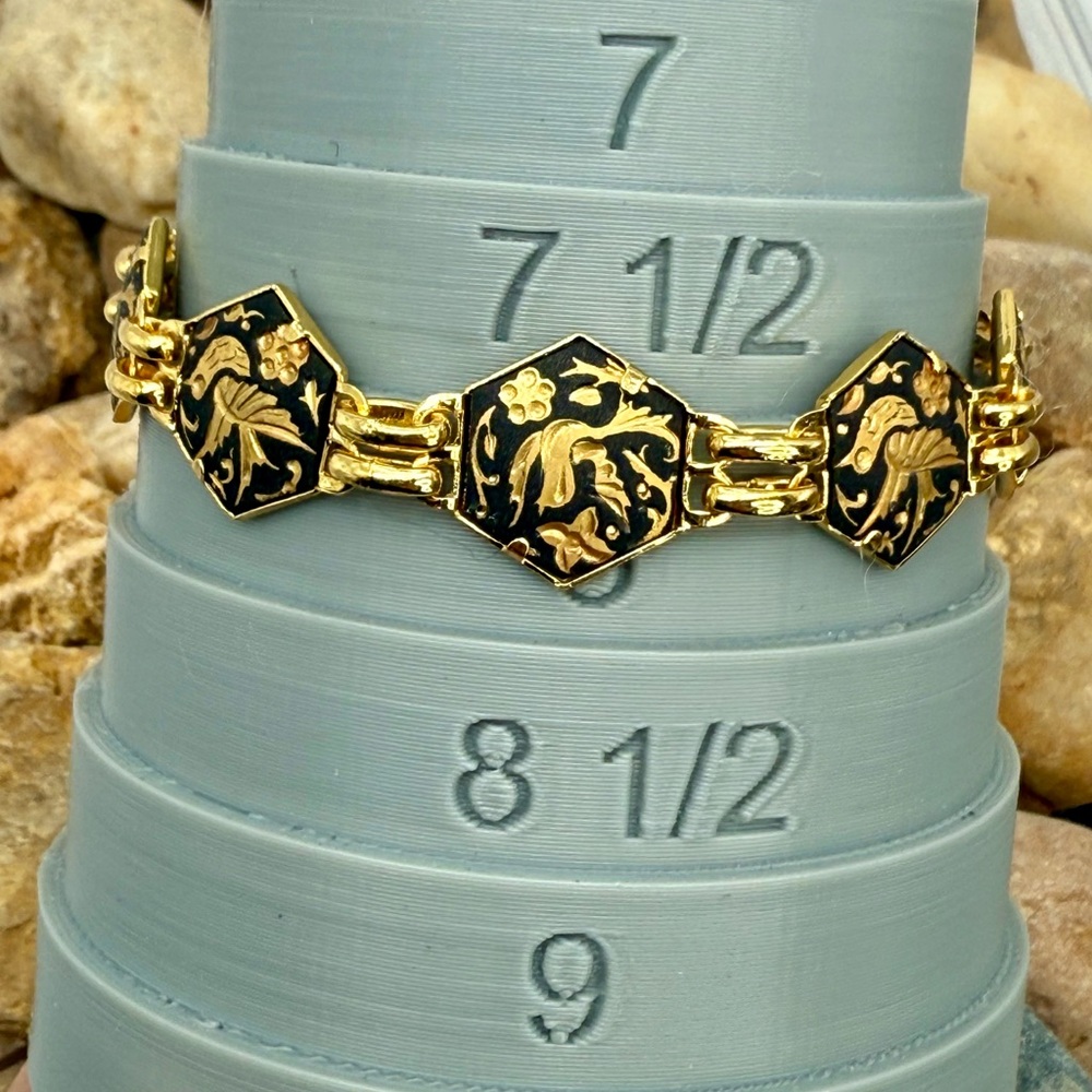 Vintage Toledo Damascene Spain Bird Floral Gold Black Bracelet 7.75”–8” - Picture 7 of 17